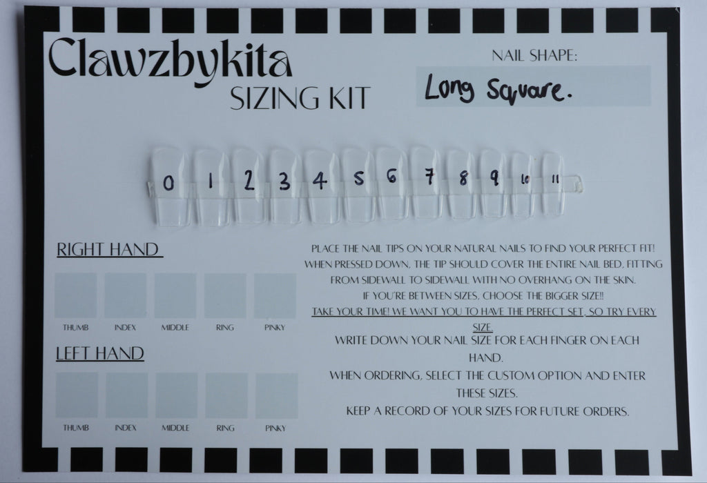 A Clawzbykita nail shape sizing kit card for 'Long Square' nails, showing numbered nail tips from 0 to 11, hand placement guides for right and left hands, and sizing instructions on a white background with a black-and-white striped border.