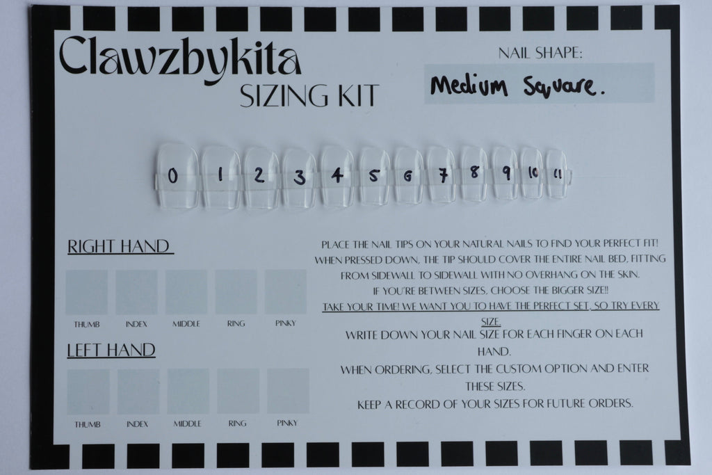 Clawzbykita nail shape sizing kit card showing a medium square nail template and instructions for measuring right and left hand nail sizes.