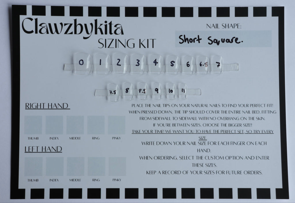A Clawzbykita nail shape sizing kit card shown flat against a light gray background. The white card features black text, a black border, and a row of transparent nail tip size slides labeled 0 through 7.
