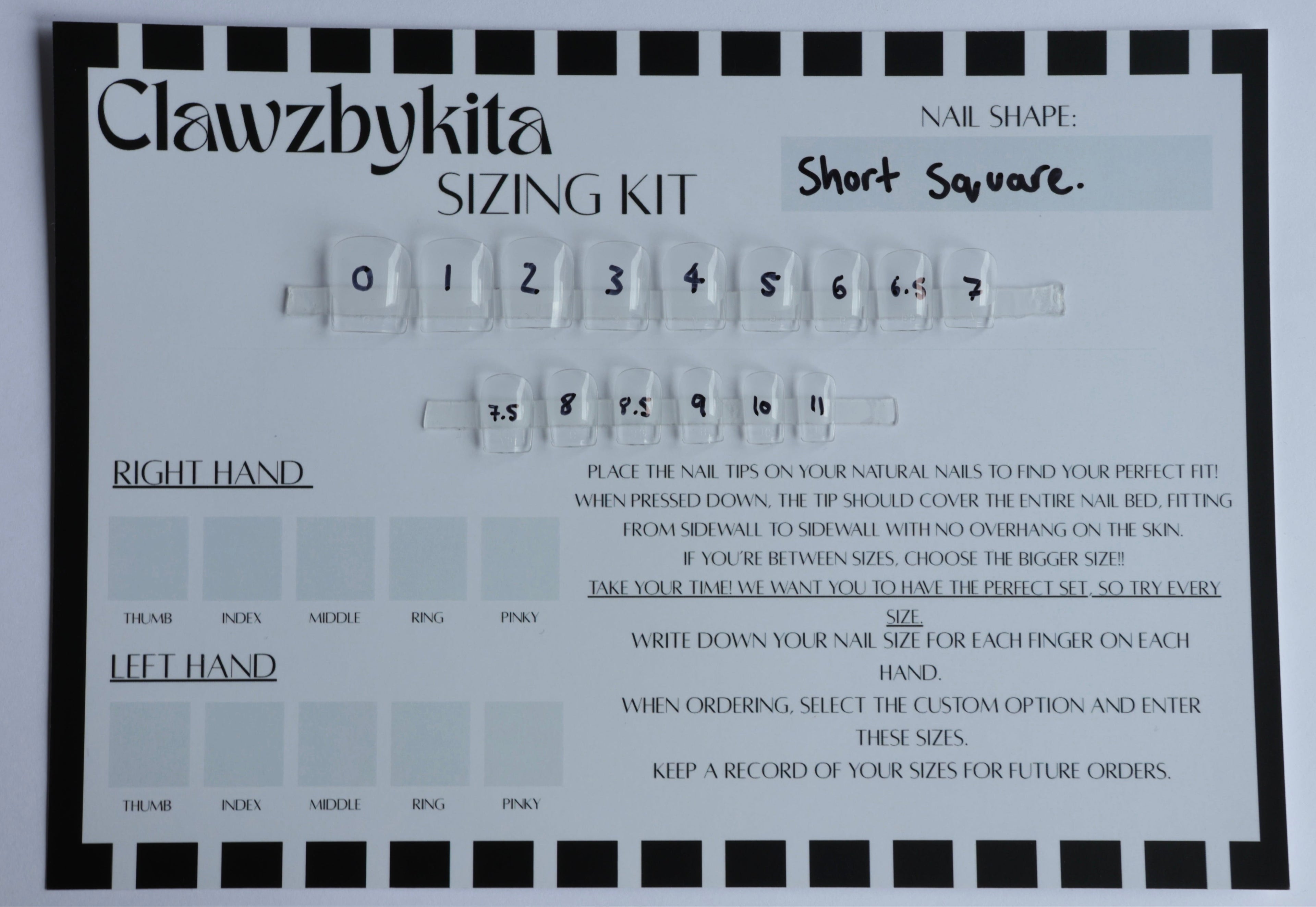 A Clawzbykita nail shape sizing kit card shown flat against a light gray background. The white card features black text, a black border, and a row of transparent nail tip size slides labeled 0 through 7.
