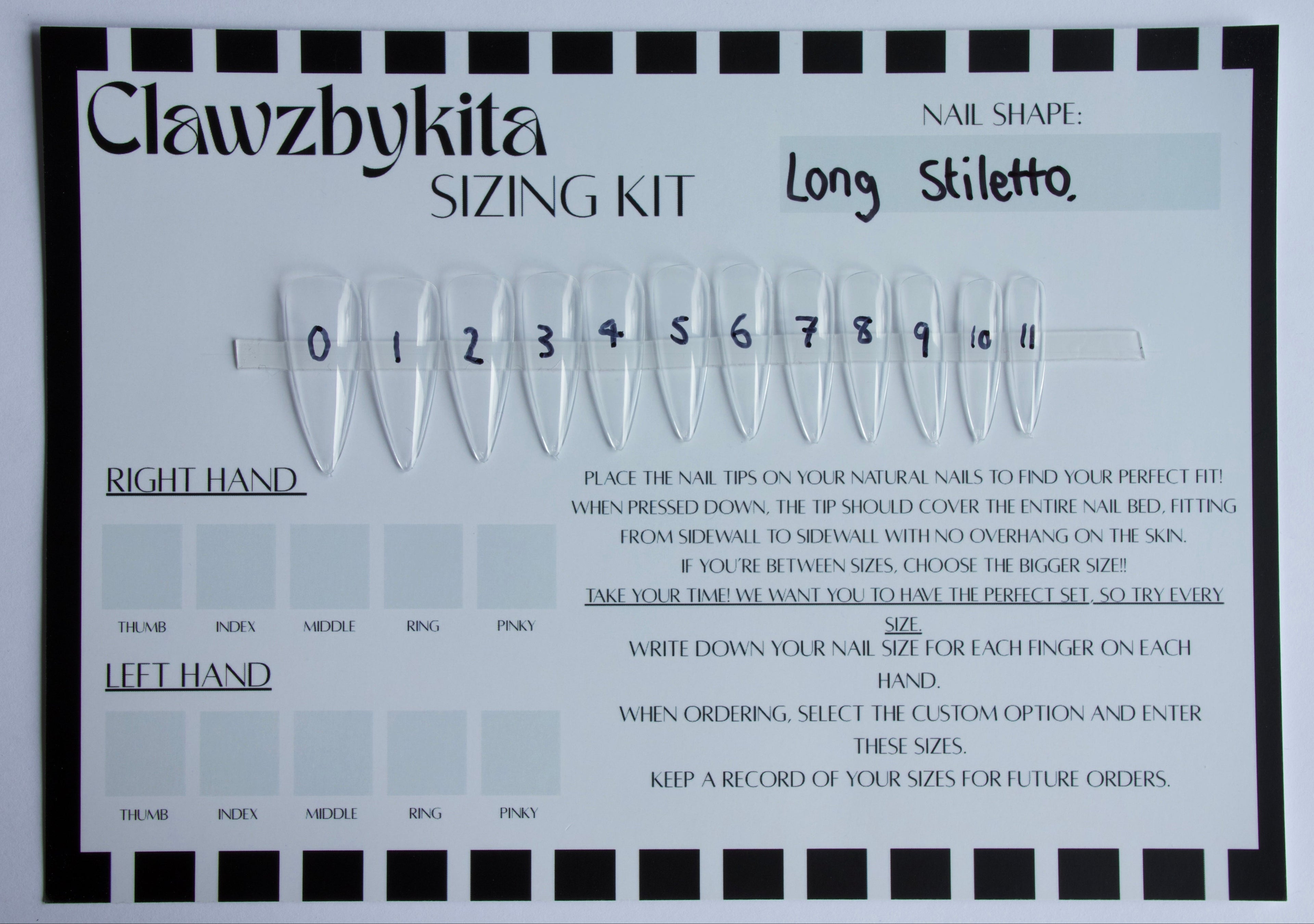 A nail shape sizing kit card by Clawzbykita, displaying size numbers 0 to 11 for a long stiletto nail shape, with instructions for right and left hand placement on a white background.
