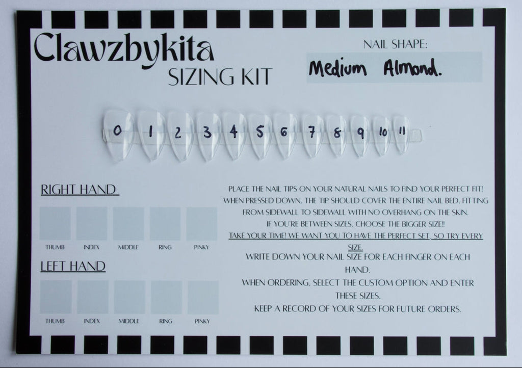A Clawzbykita sizing kit card for nail shapes, featuring a black and white border, a row of white nail shape samples, and printed instructions for right and left hand nail sizing.