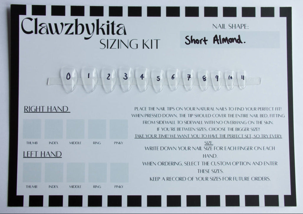 A Clawzbykita nail shape sizing kit card on a light gray background. The white card features black text, a black and white striped border, a row of numbered nail-shaped tips (0-11), and sections for recording right and left hand measurements and notes.
