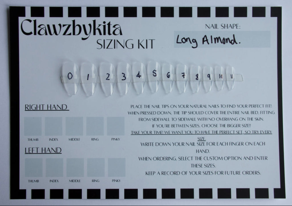 A Clawzbykita nail sizing kit card with printed instructions, size numbers 0 through 11, and sample nail shapes on a white background with a black border.